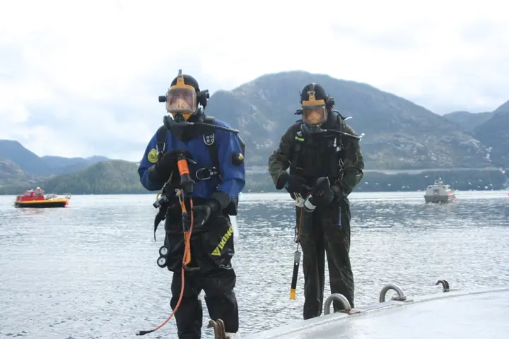 Two divers standing ready at the waterline
